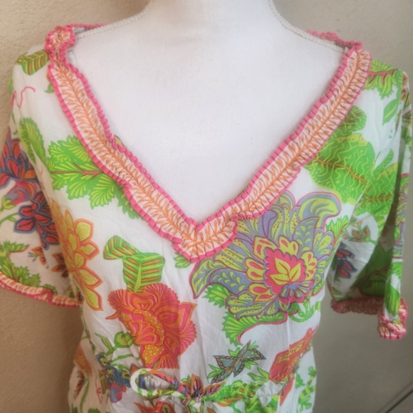 Gretchen Scott Colorful Floral V-Neck Dress Cover Up Ruffle Trim Medium (5819) - Picture 2 of 5